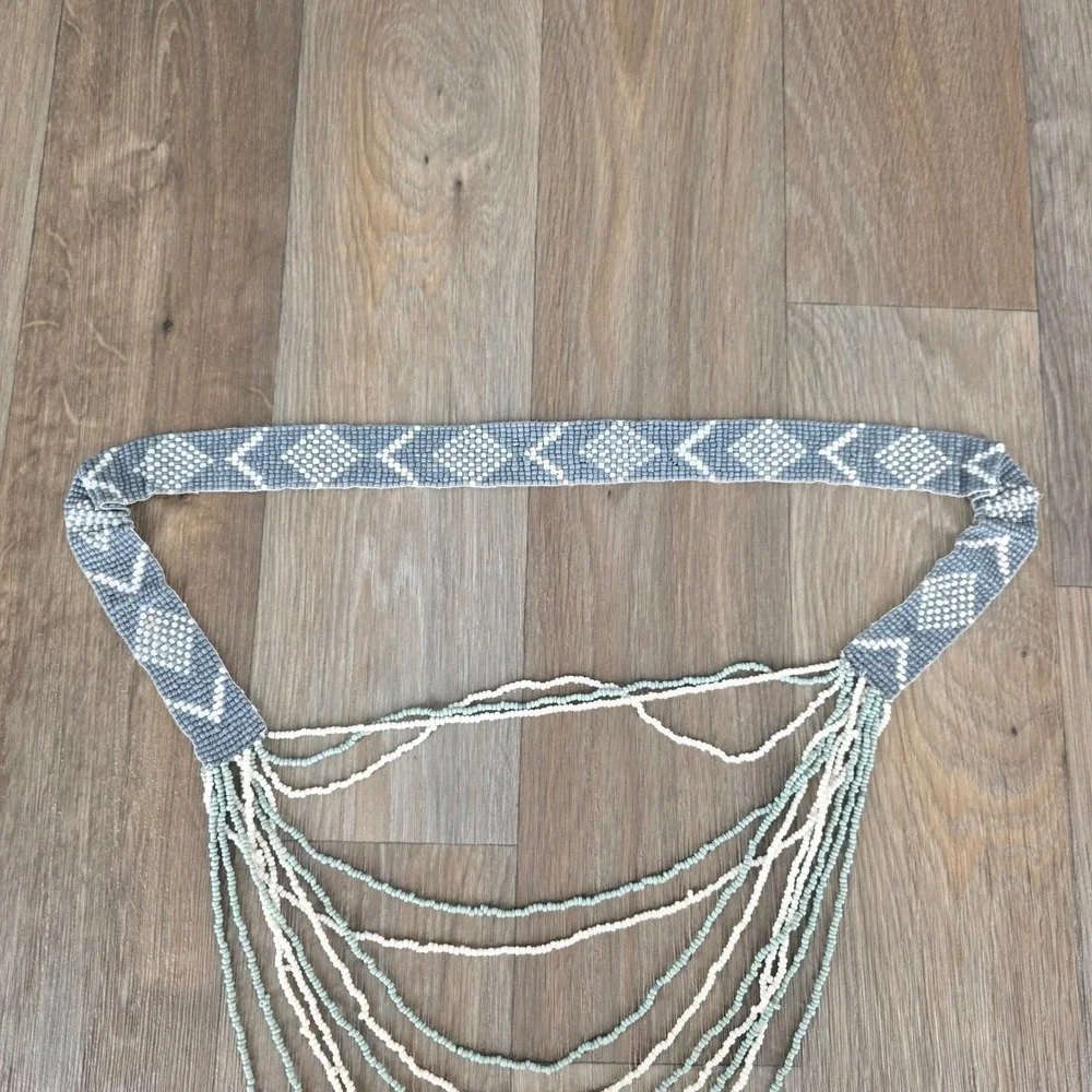Beaded Waterfall Necklace‎ Grey White Green Multi Strand Statement Boho